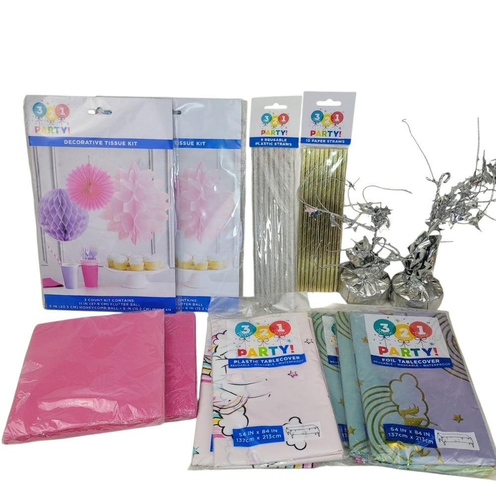 3-2-1 Party Supplies Lot Unicorn Tablecloths Pink Napkins Straws Decorations Etc